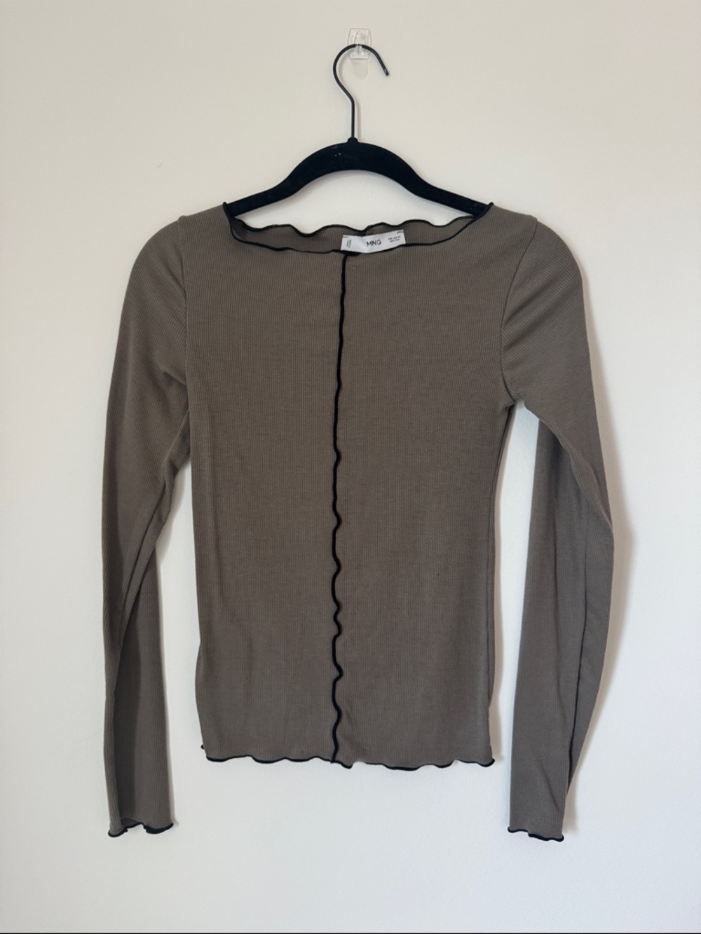Mango Olive Ribbed Long Sleeve Top with Black Lettuce Trim
